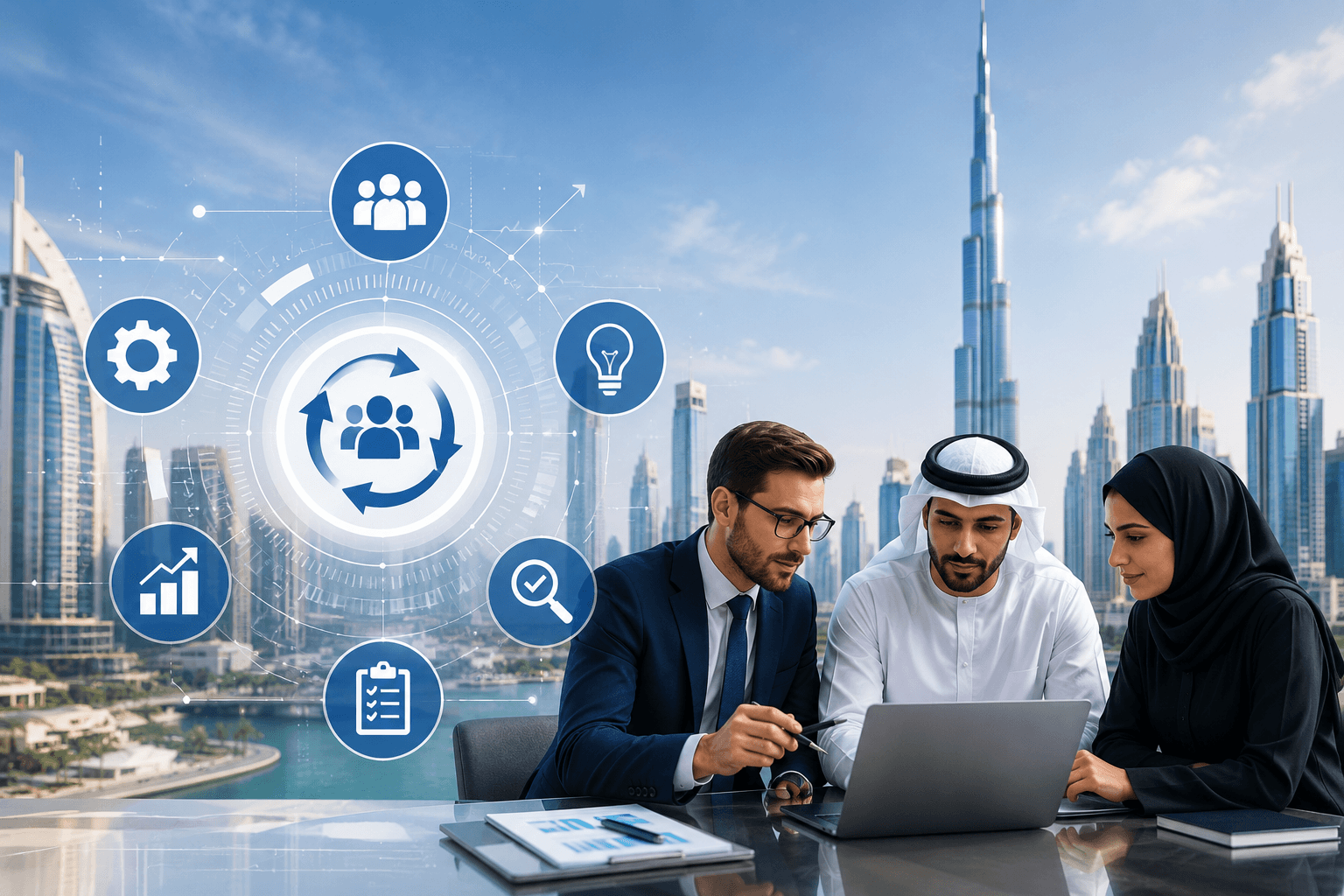 Three professionals collaborating at a laptop with futuristic circular icons and a city skyline at the background.